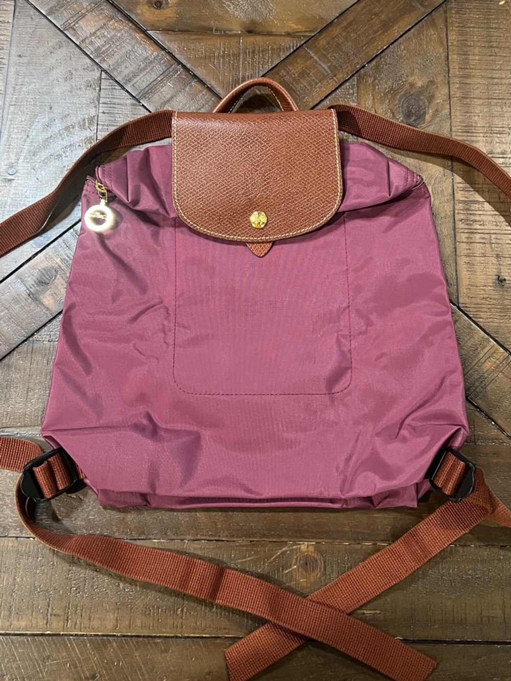 Longchamp Compact Women's Backpack in Plum with Brown Trim